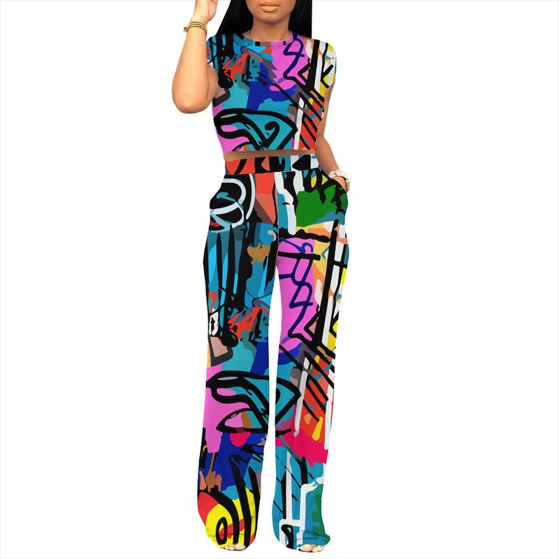 Costume deux pièces noir imprimé décontracté pour femme A8009_voghion.com