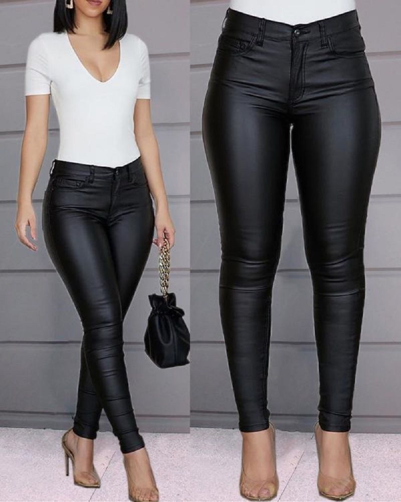 Pantaloni da donna in pelle PU tinta unita, pantaloni casual sexy a gamba piccola_voghion.com