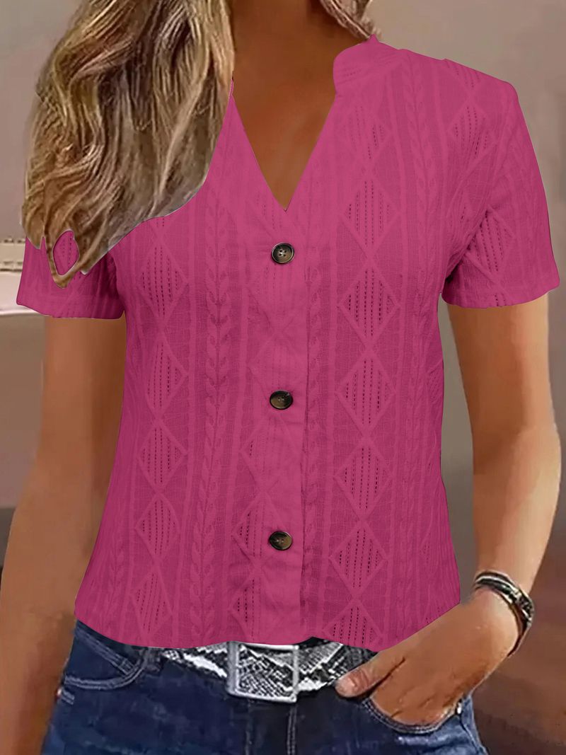 Women's Clothing Fashion Casual Solid Color Button V Neck Short Sleeved T Shirt_voghion.com