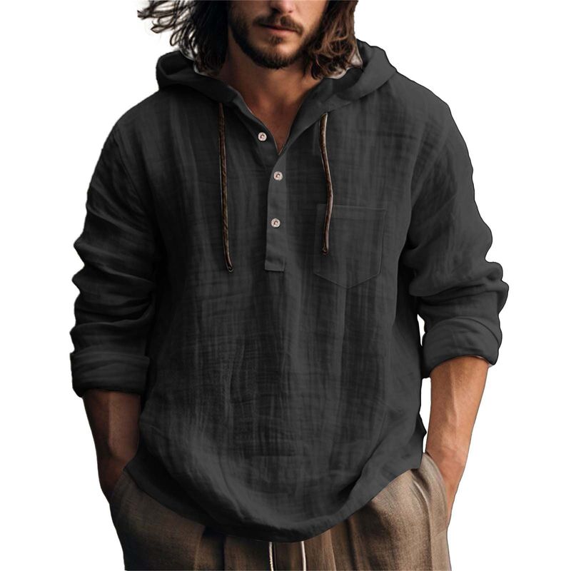 Giacca con cappuccio e maniche lunghe da uomo, tendenza moda, camicia casual in cotone e lino coordinata_voghion.com