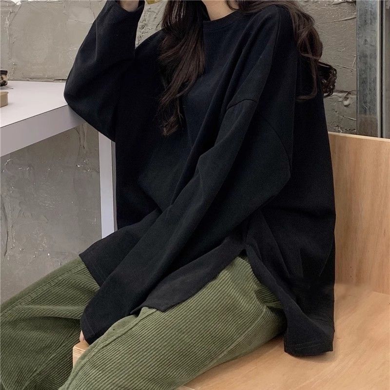Black Cotton Split Long Sleeve T-Shirt For Women, Spring And Autumn 2025 New American Style Loose Fit Base Layer Top_voghion.com