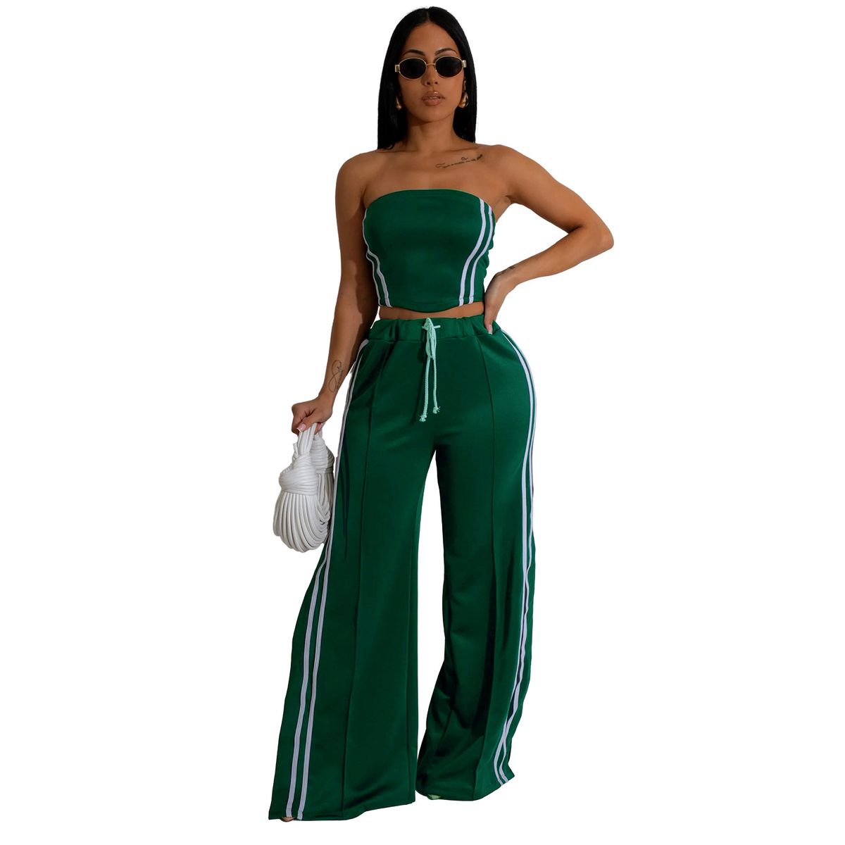 Elegantes Set aus trägerlosem Top und fließender, weit geschnittener Hose – Sommerliches Outfit für Damen, perfekt für Büro und Event (Schwarz/Rot/Grün, S-XXL)_voghion.com