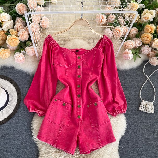 Women's Clothing Fashionable Outfit White Rose Red Jumpsuit Autumn Retro Single Breasted Slim Short Jeans Trend_voghion.com