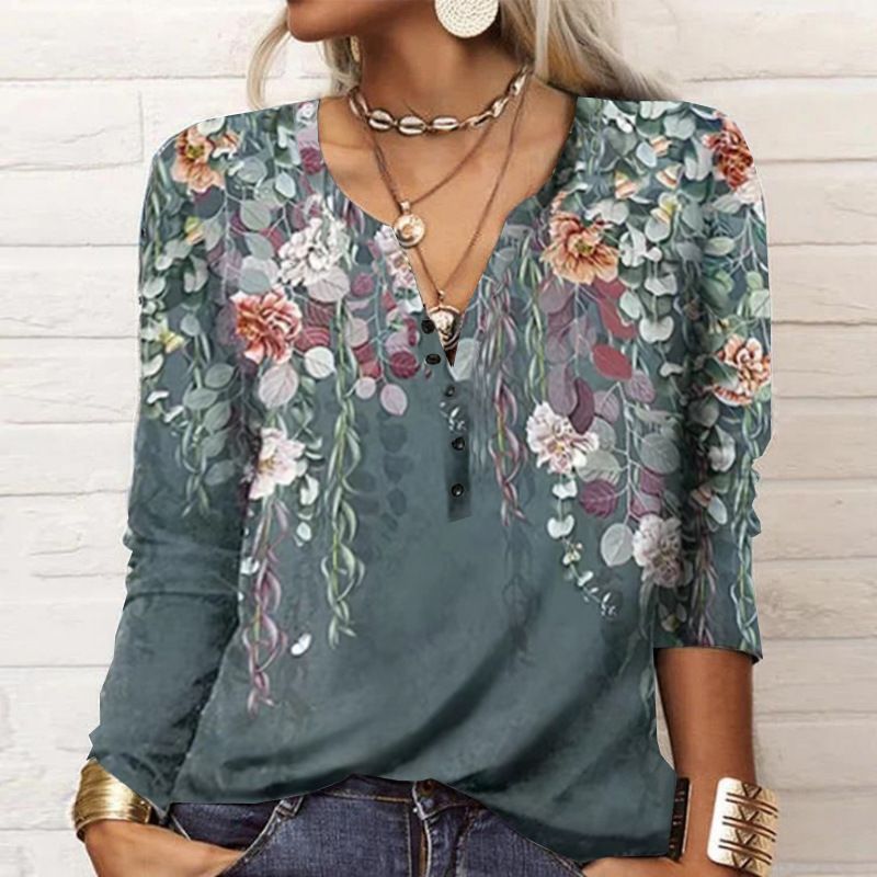 Women's long-sleeved printed national fashion T-shirt_voghion.com