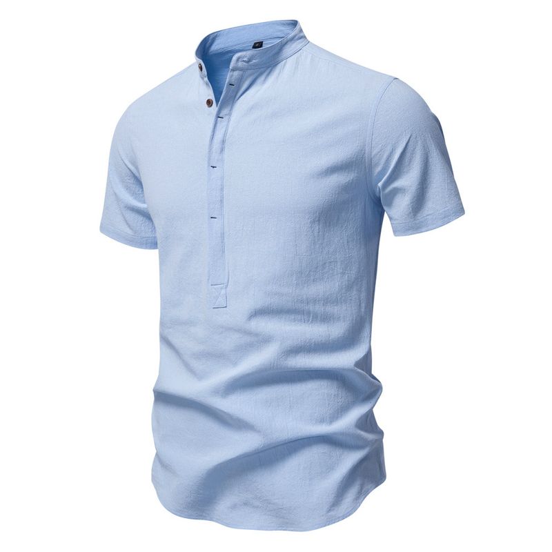 Vêtements pour hommes Nouvelle chemise décontractée pour hommes Chemise à manches courtes en coton et lin pour hommes Chemise en coton à col montant pour hommes_voghion.com