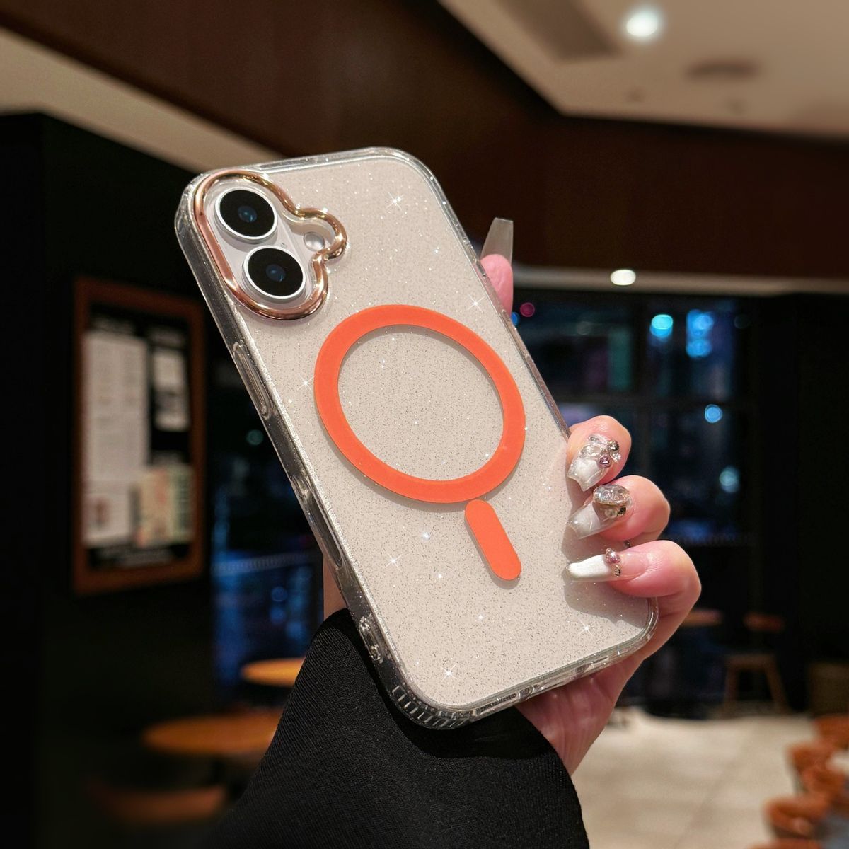 Glitter Magnetic Phone Case For IPhone 15/16 - Premium Electroplated Transparent Cover With Large Camera Cutouts (Gold Sparkle)_voghion.com