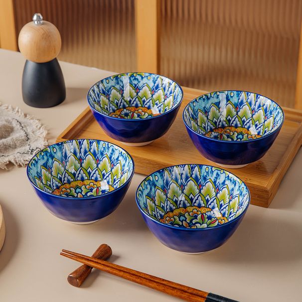 Bohemian Style 4.75 Inch Ceramic Rice Bowl Set Of 4 – Handcrafted Underglaze Porcelain Dinnerware Microwave & Dishwasher Safe Elegant Retro Tableware_voghion.com