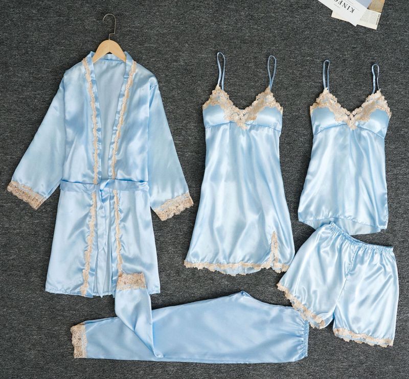 Conjunto de pijamas Silky-Touch – Camisola feminina com acabamento em renda e pijama lounge (5 peças, M-3XL)_voghion.com