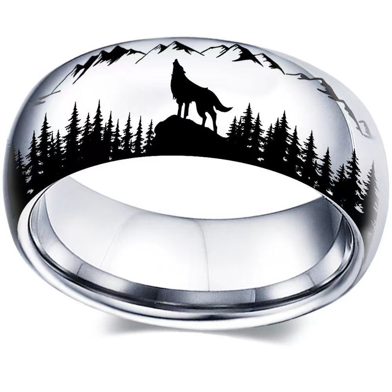 Anello unisex in acciaio al titanio con lupo nella foresta_voghion.com