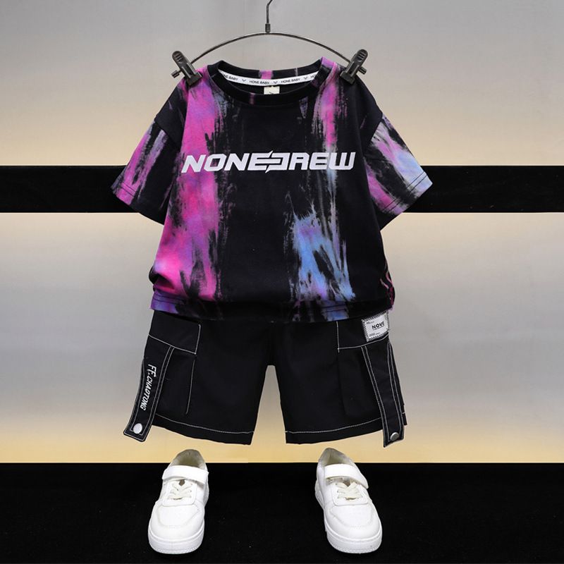 Mother & Kids Pojkar sommarkläder rullfärgning kortärmad kostym 2024 nya små och medelstora barn sommar snygga pojkar snygga och moderiktiga_voghion.com