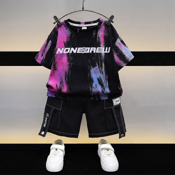 Mother & Kids Pojkar sommarkläder rullfärgning kortärmad kostym 2024 nya små och medelstora barn sommar snygga pojkar snygga och moderiktiga_voghion.com