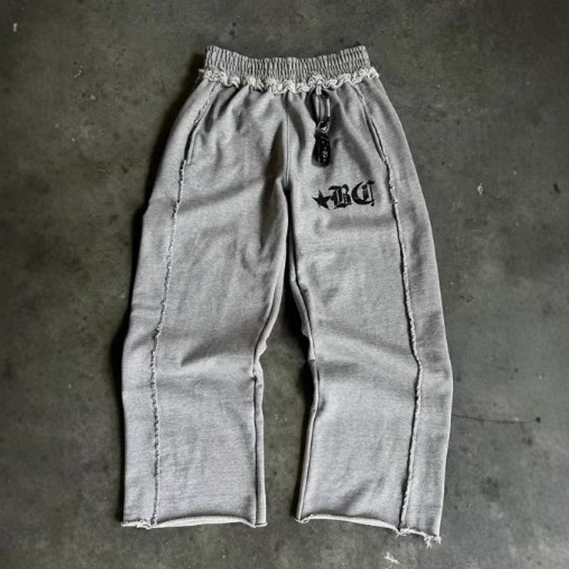Men's Clothing Gray Sweatpants Men And Women Trendy Brand Retro Street Print Loose Casual Distressed Sweatpants_voghion.com