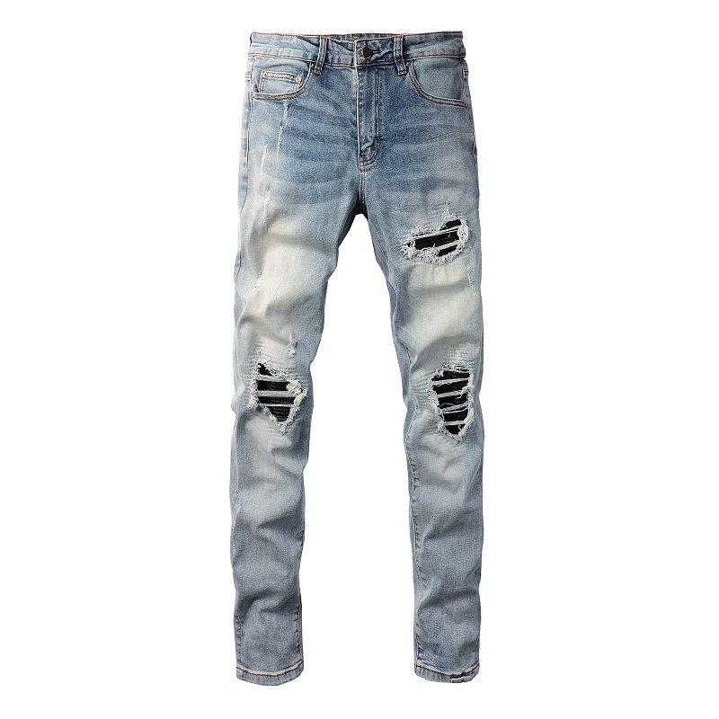 Herren Jeans mit Lederpatches, Streetwear-Löcher, zerrissene High-Stretch-Hose, hellblaue, schmal zulaufende Hose_voghion.com