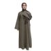 Robe décontractée à manches longues et ceinture pour femmes musulmanes – Robe longue unie en polyester gris foncé, vert kaki et kaki (S-XXL)_voghion.com