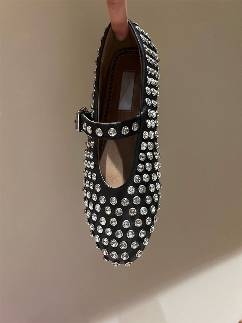 Hohe Version 2024 Neue echtes Leder Rundkopf Strass Nieten Mary Jane Einzelschuhe Damen Flachboden Bequeme Ballett Tanzschuhe_voghion.com