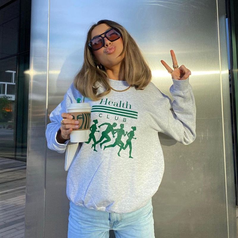 2021 New Autumn Winter Style Simple Gray Letter Printed Pullover Sweatshirt Women's Top_voghion.com