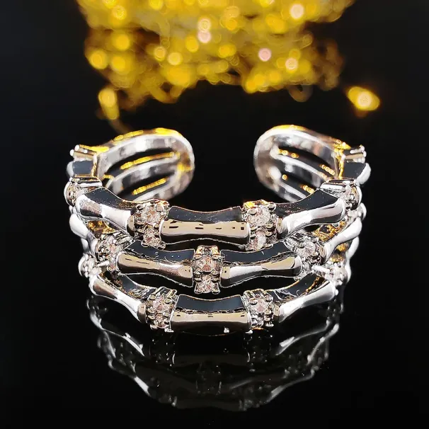 Modischer Designer-Ring im Knochenstil, silberplattiert, offene Größe, Zirkonia-Bambusknoten-Design, Ringe für Damen, Alltagstauglich_voghion.com