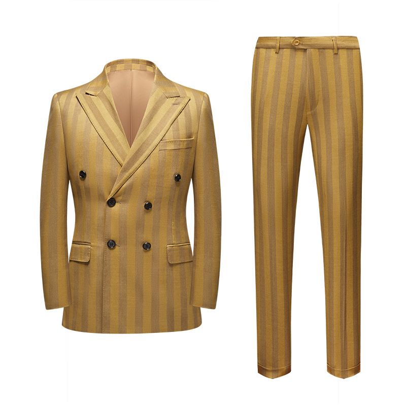 Abito da uomo autunno e inverno nuovo abito da uomo doppiopetto a righe stile coreano casual in oro abiti da uomo in due pezzi_voghion.com