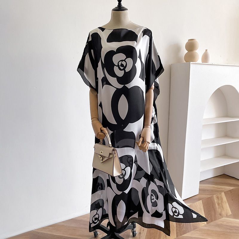 Sommer neues lockeres langes Kleid, schlicht und lang, Brokat, Sonnenschutztemperament, Seidenschal, Strandurlaubsstil, Reisen_voghion.com