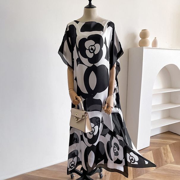 Sommer neues lockeres langes Kleid, schlicht und lang, Brokat, Sonnenschutztemperament, Seidenschal, Strandurlaubsstil, Reisen_voghion.com