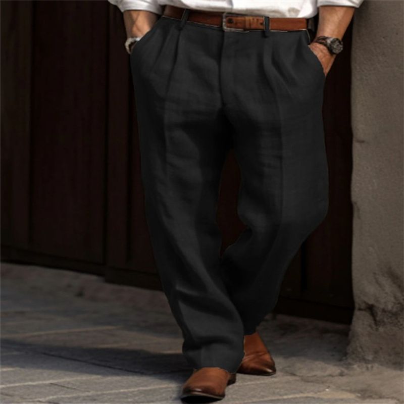 Herrenbekleidung Herren Leinenhose doppelt gefaltete Vordertasche gerader Zylinder einfarbig bequem atmungsaktiv lässig Alltagsmode_voghion.com