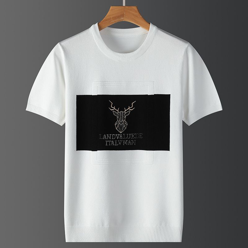 Bordado masculino e veado diamante quente moda moderna camiseta gola redonda pulôver sem pilling tamanho grande roupas masculinas_voghion.com