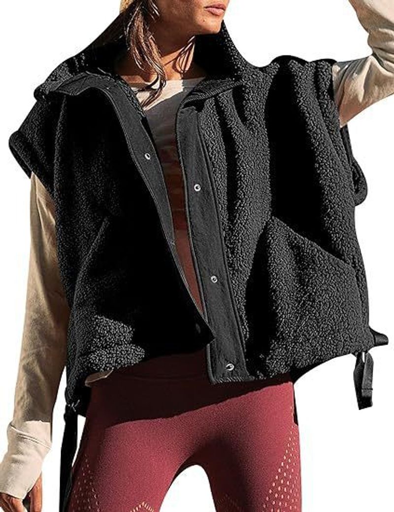 Damen-Weste in Wolloptik, lässiger ärmelloser Westenmantel, übergroßer Westenmantel mit Taschen._voghion.com
