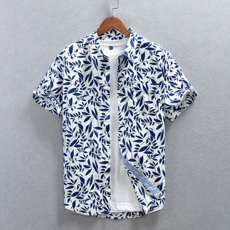 Men's Clothing Casual Floral Short Sleeved Cotton Shirt_voghion.com