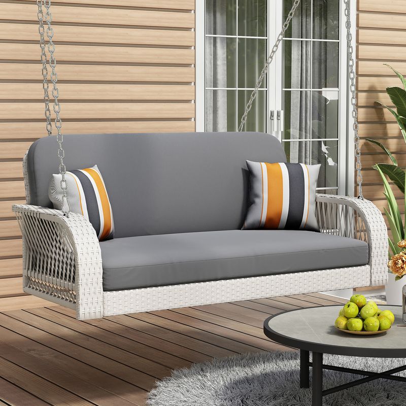 PE Wicker Porch Swing, 2-Seater Hanging Bench With Chains, Patio Furniture Swing For Backyard Garden Poolside_voghion.com