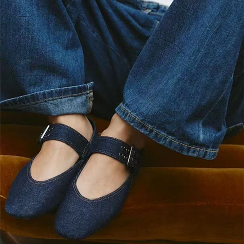 2025 Spring New Women's Blue Buckle Decorated Denim Ballet Style Flat Fashion Versatile Single Shoes_voghion.com