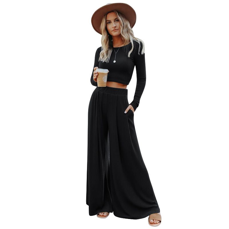 Damenbekleidung Langärmliger Mode-Freizeitanzug Gerippte Strickhose mit weitem Bein_voghion.com