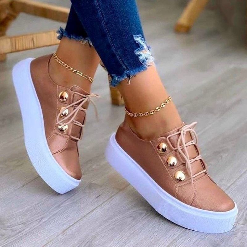 Zapatos informales de mujer, zapatillas de deporte de cuero con cordones para mujer, suela gruesa, decoración de Metal, zapatos planos transpirables para mujer XF0116_voghion.com