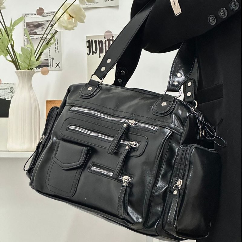 Borsa da donna, nuova moda, retrò, di alta qualità, nera, con cerniera multipla, borsa da moto, grande capacità, borsa a tracolla e tracolla_voghion.com