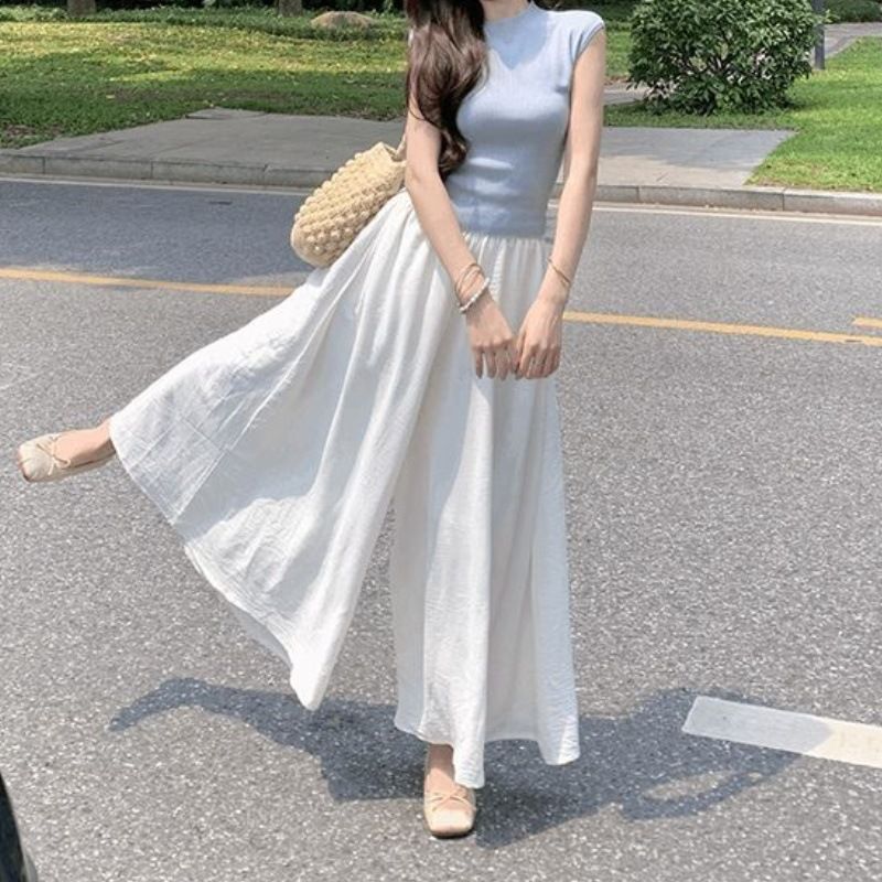 2025 Summer New Style Matching Blue Lace-Up T-Shirt Women's Loose Wide-Leg Skirt Pants Two-Piece Set_voghion.com