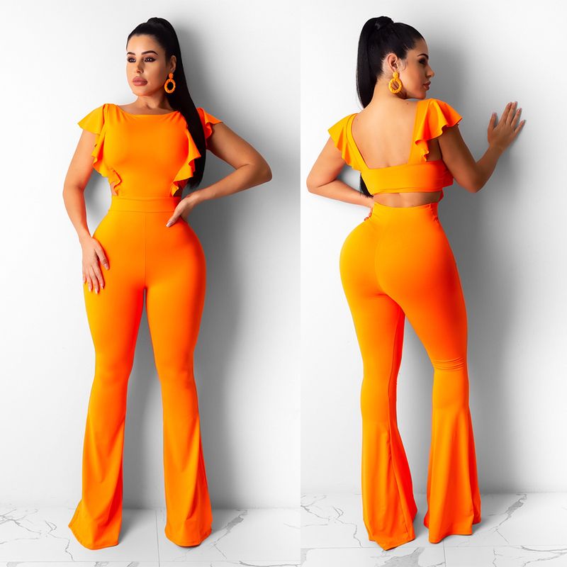 Women's Clothing Flying Sleeves Solid Color Wide Leg Flared Jumpsuit_voghion.com