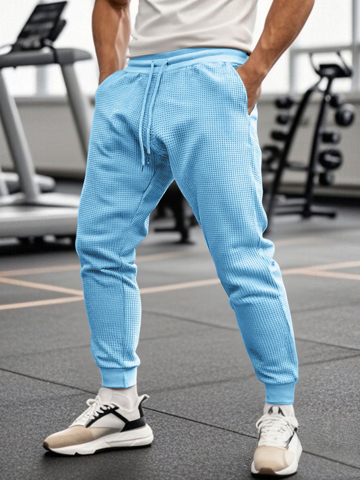 Men's Clothing Waffle Knit Jogger Pants - Breathable Loose Fit Casual Sweatpants With Drawstring Waist (White, Black, Khaki, Wine Red, Sky Blue)_voghion.com