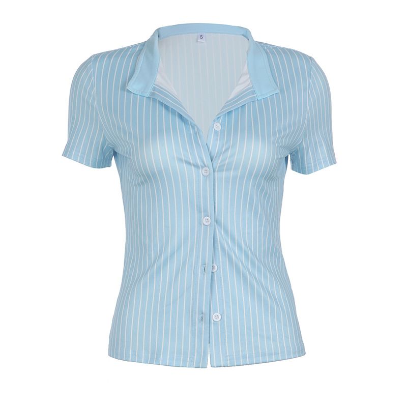 Damenbekleidung Revers Gestreiftes Hemd Kurzarmoberteil Basic Style Urban Temperament Damen Slim Fit Button Down Cardigan_voghion.com