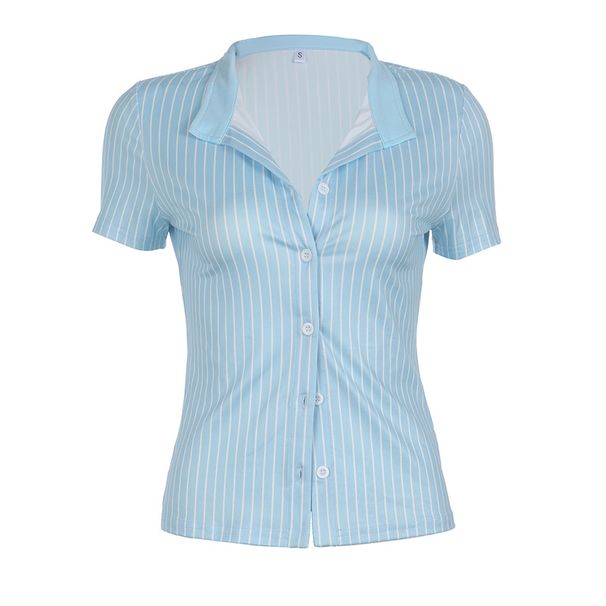 Damenbekleidung Revers Gestreiftes Hemd Kurzarmoberteil Basic Style Urban Temperament Damen Slim Fit Button Down Cardigan_voghion.com