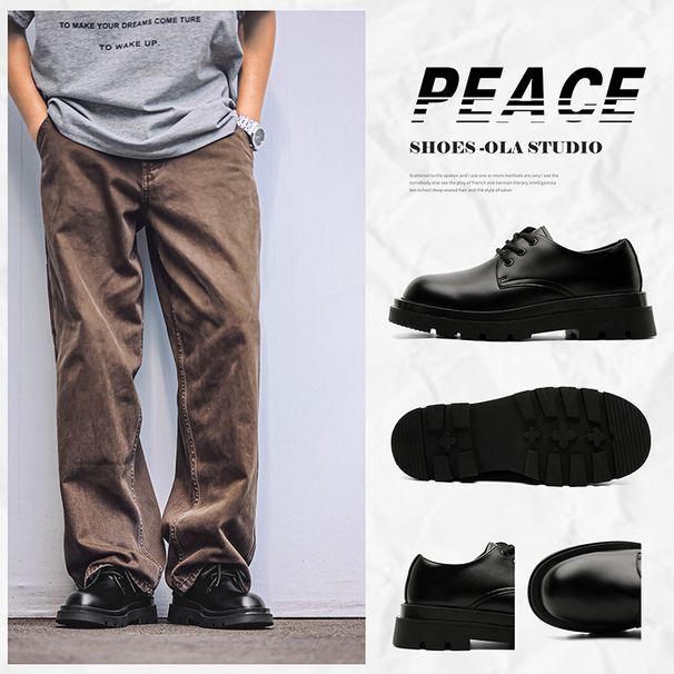 ShoeVault Herren-Derbyschuhe mit dicker Sohle und erhöhter Absatzhöhe, schwarz, runde Zehenpartie, Cleanfit, britischer Stil, lässiges Leder._voghion.com