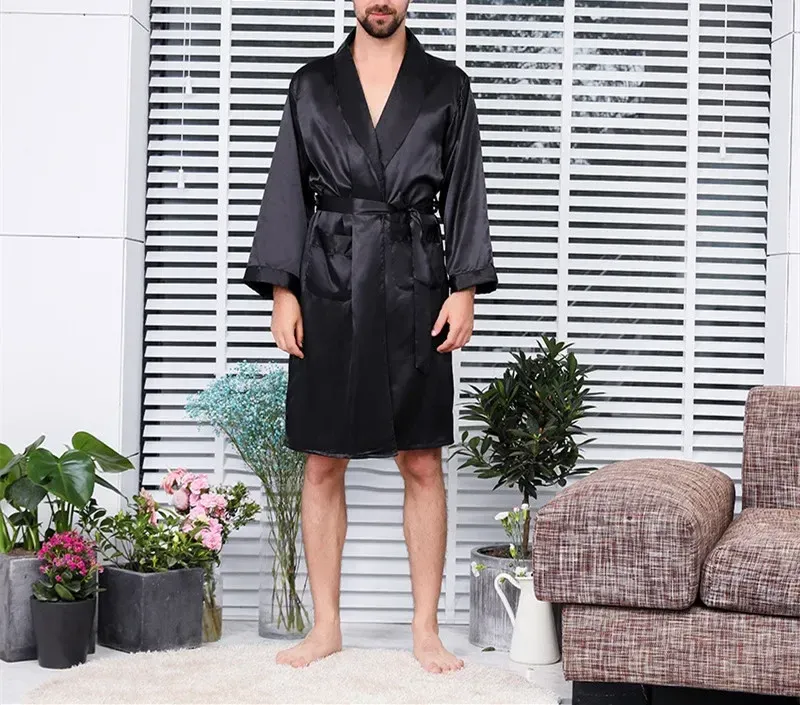 Pigiama estivo sottile da uomo 2025, accappatoio da uomo a maniche lunghe, kimono da uomo, accappatoio da notte in raso di seta nera, abbigliamento da notte maschile_voghion.com