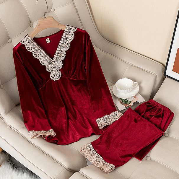 Underwear & Sleepwears Velvet Lace Trim Women's Winter Pajama Set - Soft Flannel Long Sleeve & Pants For Home & Outwear (Grey, Blue, Wine, Pink)_voghion.com