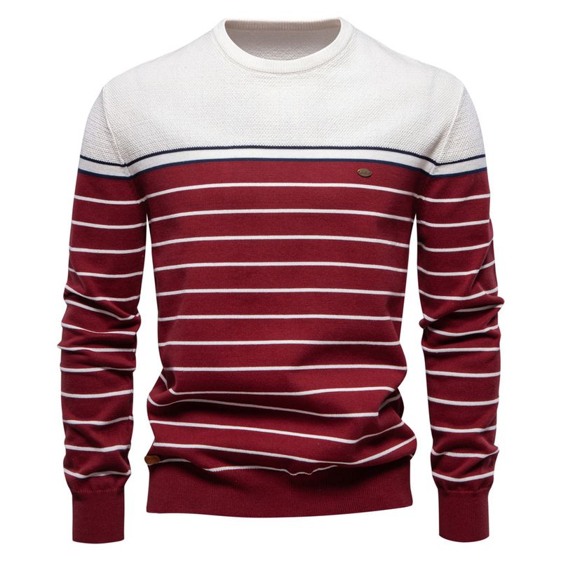Men's Clothing New Striped Color Matching Long Sleeved Men's Knitted Sweater Fashionable Round Neck Men's Casual Sweater_voghion.com
