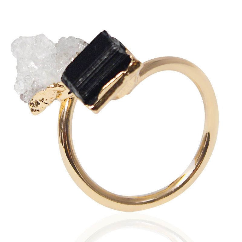 Anello aperto regolabile placcato oro con tormalina nera a doppia testa in cristallo naturale_voghion.com