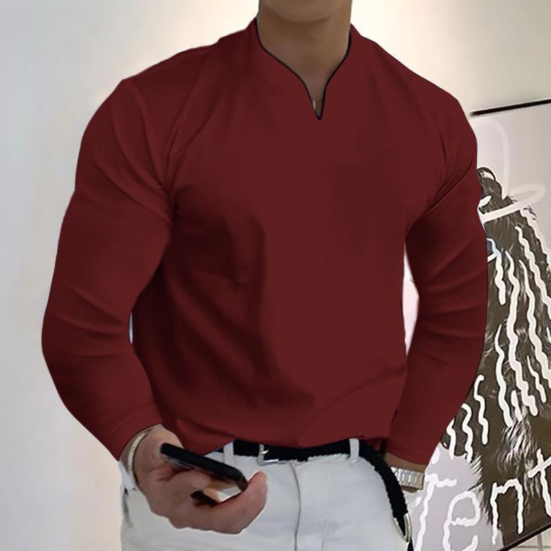 T-shirt à manches longues et col en V pour homme, vêtement respirant et décontracté_voghion.com