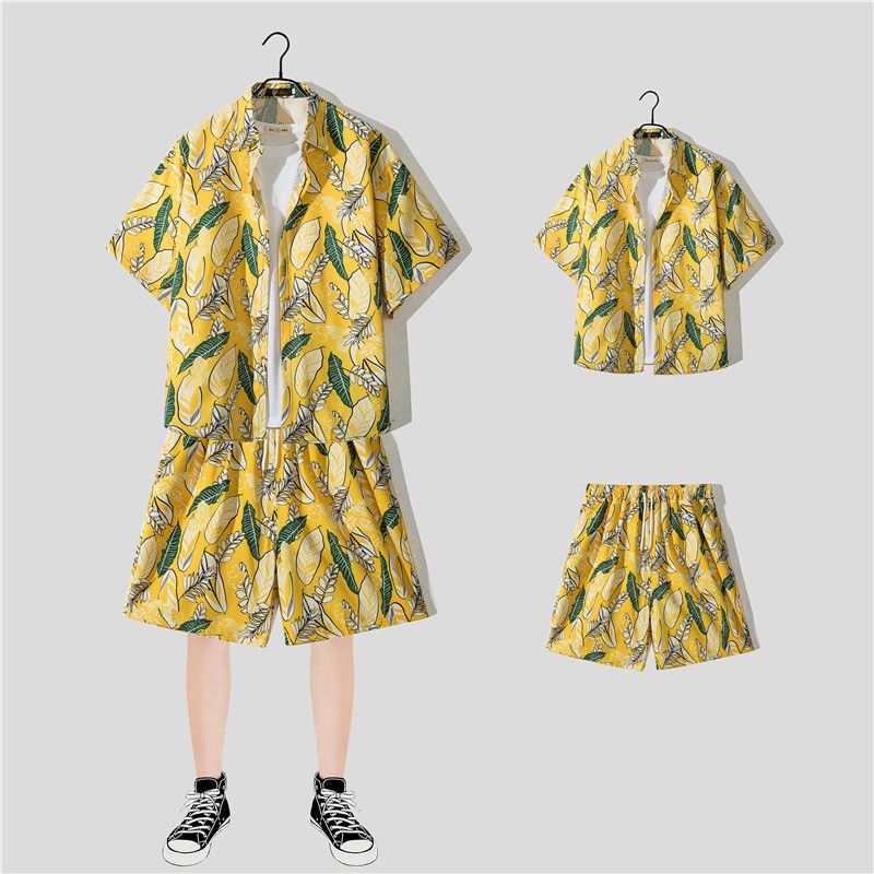 Costume de vacances à la plage pour hommes, hawaïen, ample, grande taille, pour couple, tendance, manches courtes, chemise florale, ensemble deux pièces décontracté_voghion.com