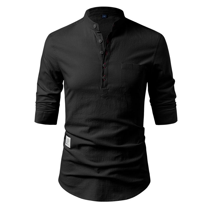 Chemise décontractée à manches courtes en lin pour homme avec col montant – Respirante et légère pour l'été et le printemps_voghion.com