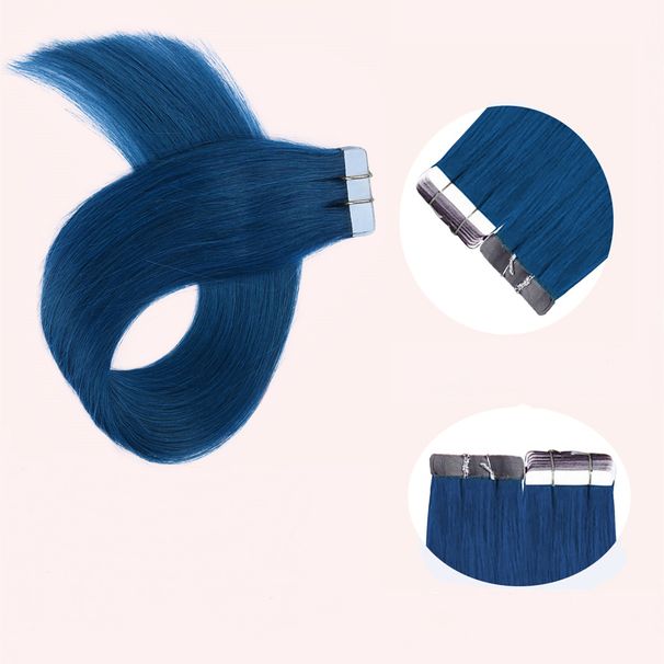 Blaue Farbe, lang, glatt, 14-24 Zoll, Tape in Haarverlängerungen, Echthaar, Tape in Echthaar, Tape in Haarverlängerungen_voghion.com