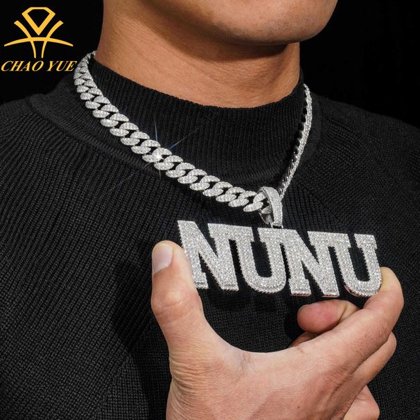 Custom Trendy Brand Silver Moissanite/Copper Zircon Letter Splicing Necklace Hip Hop Pendant_voghion.com