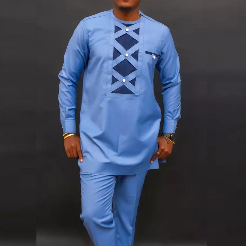Men's Clothing Luxury Men's New Suit Two Piece Pants Suit Solid Color Splicing Round Neck Long Sleeve Party African Men's Ethnic Wear_voghion.com
