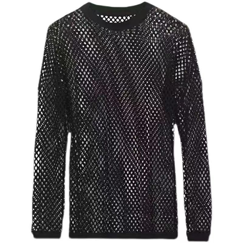 Langermet T-skjorte med perspektiv og drop-shoulder, fitness-skjorte med pustende mesh-logo, trendy herre-T-skjorte_voghion.com